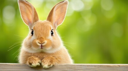Fototapeta premium A small brown rabbit peeking over a wooden fence