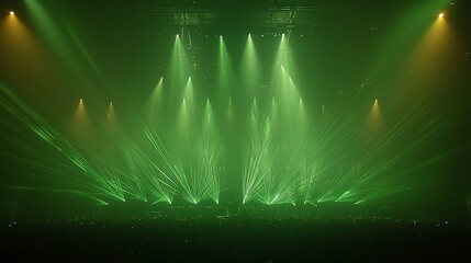 Green laser lights illuminate a concert stage with a hazy atmosphere.