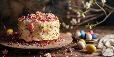 Fototapeta premium Festive spring cake with floral decor