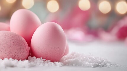 A group of pink eggs sitting on top of snow covered ground