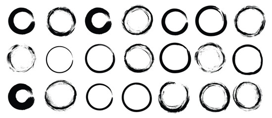 Grunge circles brush set. Black circle frames. Round line of black paint. Grunge round shapes. Circular ink brush stroke fro design elements. Vector illustration.