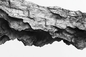 Abstract grayscale image depicting a rugged, layered rock formation, resembling a mountain range or cave.