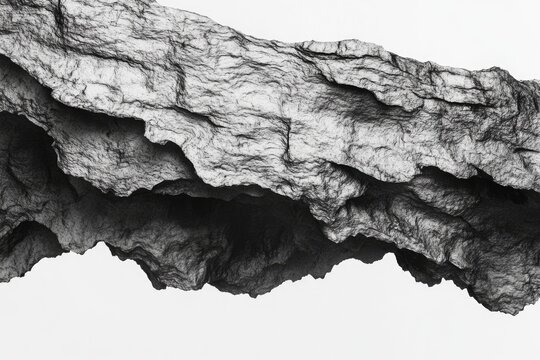 Abstract grayscale image depicting a rugged, layered rock formation, resembling a mountain range or cave. - Powered by Adobe