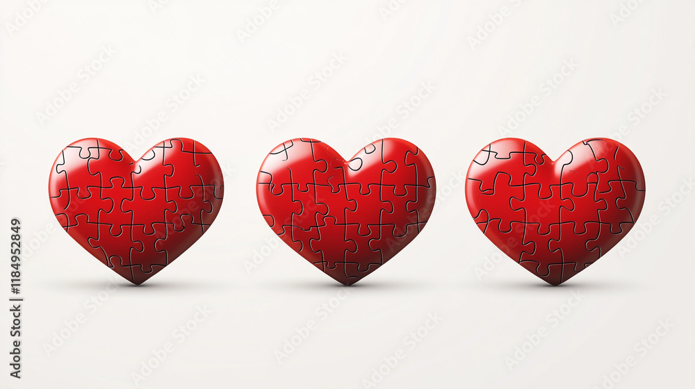 Poster red puzzle hearts create a symbolic representation of love and connection
