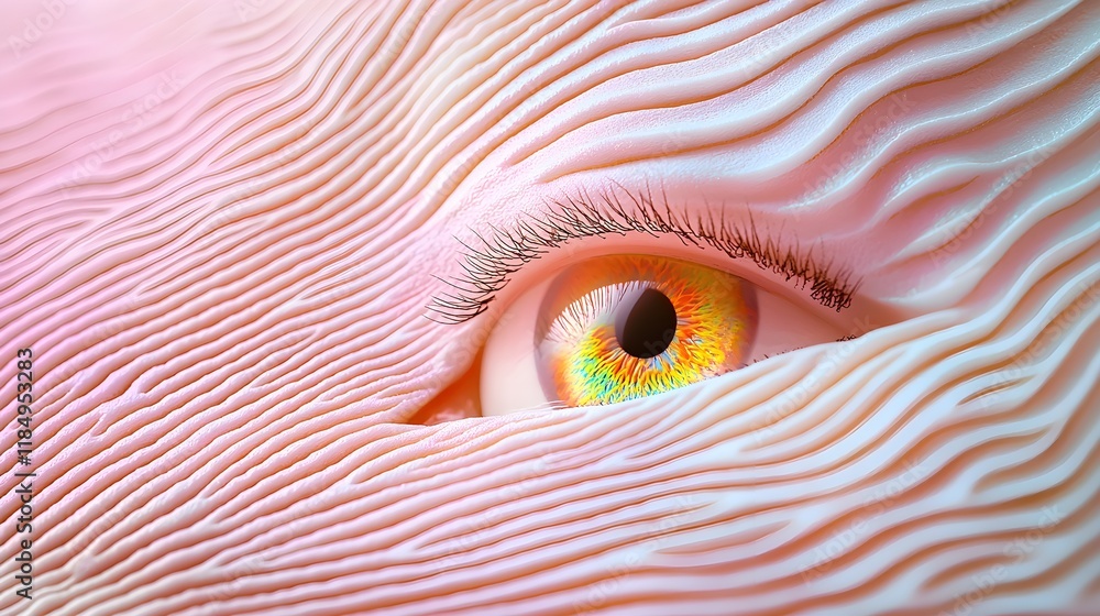 Poster a close-up of an abstract eye surrounded by wavy lines, featuring a vibrant and colorful iris that c