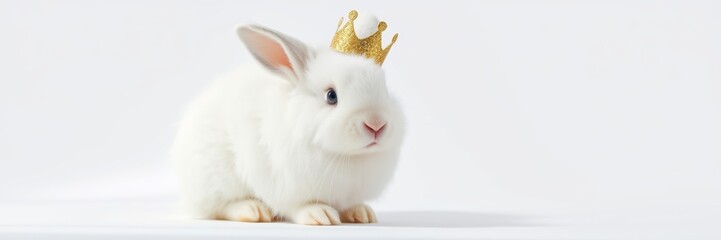 Obraz premium Rabbit wearing a golden crown, looking curiously to the side against a soft white background, exuding a playful and festive mood