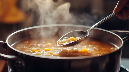 Ladle dipping into a simmering pot of soup with steam rising in a cozy setting