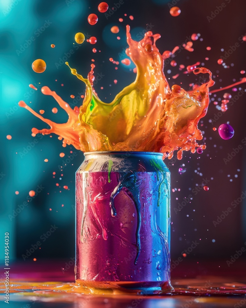 Poster a vibrant explosion of colored liquid splashing from a can, creating an artistic and lively scene.