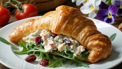 A buttery croissant filled with a creamy chicken salad made with cranberries, pecans, and a hint of