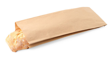 Paper bag with fresh baguette isolated on white
