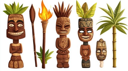 Tiki masks, hawaiian tribal totem and burning torches on bamboo stick. Vector cartoon set of polynesian traditional statues, ancient wooden god faces isolated on white background