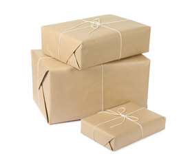 Parcel boxes wrapped in paper isolated on white
