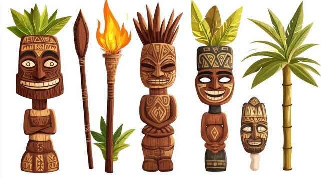 Tiki masks, hawaiian tribal totem and burning torches on bamboo stick. Vector cartoon set of polynesian traditional statues, ancient wooden god faces isolated on white background