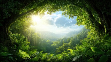 A view of the sun shining through the trees in a lush green forest