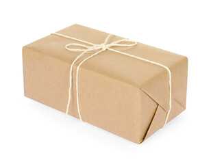 One parcel box wrapped in paper isolated on white