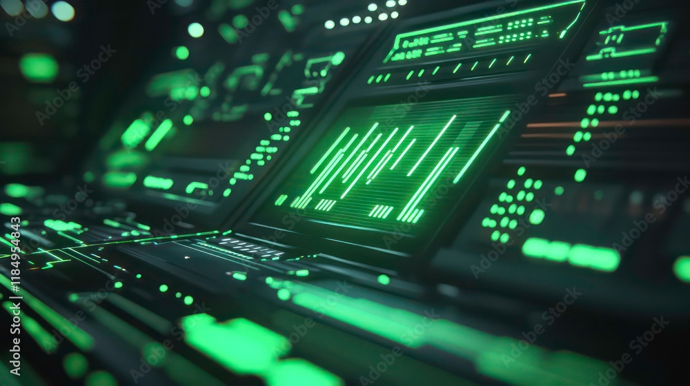 Poster Futuristic green digital interface with glowing lines and data displays.