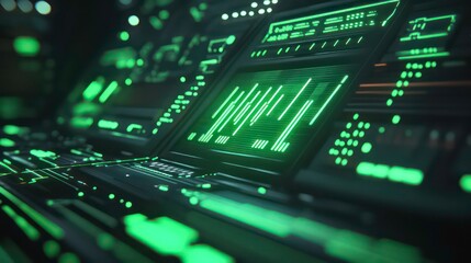 Futuristic green digital interface with glowing lines and data displays.