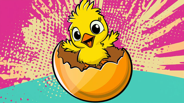 Pop art cute chick hatching from broken easter egg. Colorful background in pop art retro comic style. Happy Easter holiday celebration banner. Copy paste area