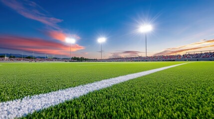 Excitement in an American football stadium as fans gather for a thrilling kickoff under bright stadium lights