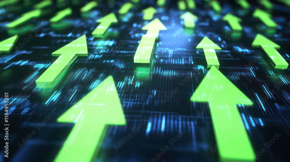 Aufkleber abstract digital background with glowing green upward arrows on dark blue circuit board.
