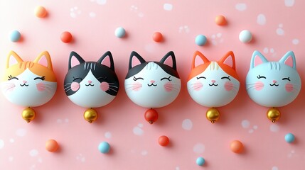 Obraz premium Five cute cartoon cats in a row on pink background.