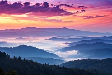 A serene sunrise over a misty mountain landscape, vibrant colors in the sky.