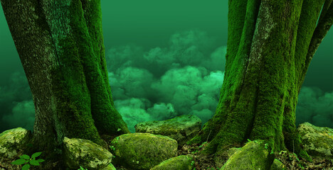 Mysterious forest landscape, mysterious smoke, old thick mossy trees, mossy stones, dark green background