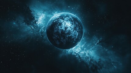 Obraz premium A stunning blue planet surrounded by swirling cosmic clouds in the vastness of space.