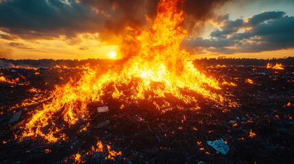 Naklejka premium Intense blaze consuming industrial waste pile under dramatic sunset sky symbolizing environmental chaos climate change and human impact on nature in hyperrealistic detail with fiery hues and smoke