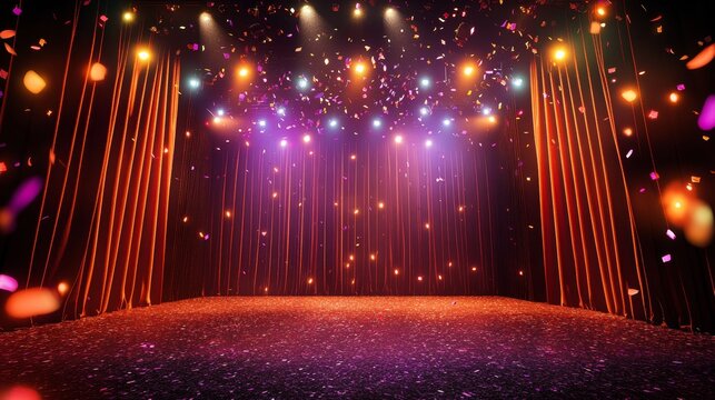 Show time festival banner, theater stage, podium, spotlights, red curtains and confetti falling. Invitation flyer for award ceremony, concert, music or dance performance, Cartoon vector illustration