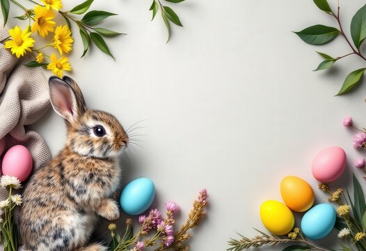 Cute bunny with Easter eggs. Festive spring scene with floral eggs and flowers. Happy Easter, spring celebration concept. Adorable pet for holiday card, poster with copy space