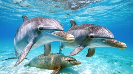 Obraz premium A couple of dolphins and a seal swimming in the ocean