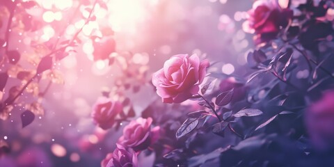 Magical sunlight illuminating vibrant pink roses in enchanting garden setting