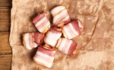 pieces of raw bacon top view