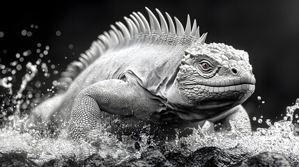 Fototapeta premium A close-up of an iguana emerging from water, captured in black and white, highlighting its textures and dynamic movement.