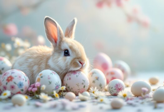 Cute bunny with Easter eggs. Festive spring scene with floral eggs and flowers. Happy Easter, spring celebration concept. Adorable pet for holiday card, poster with copy space