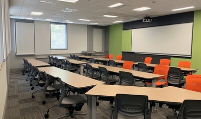 This image shows an empty classroom with rows of desks and chairs. The room is brightly lit, featuring whiteboards at the front.