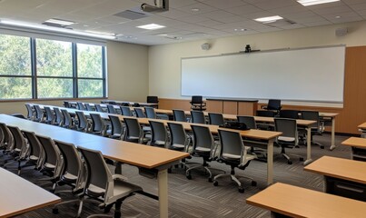 This image shows an empty classroom with rows of desks and chairs. The room is brightly lit, featuring whiteboards at the front.