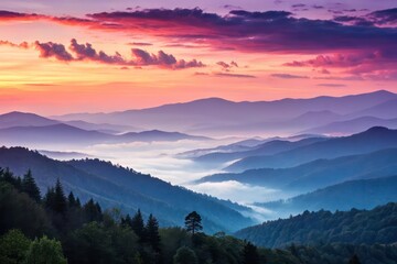 A serene sunrise over a misty mountain landscape, vibrant colors in the sky.