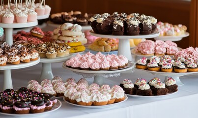 Table full of assorted desserts, including cakes, cookies, and pastries. The desserts are arranged in various shapes and sizes, and some of them have frosting and sprinkles