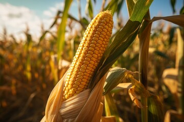 Close up of a mature corn cob on a stalk, bathed in the warm glow of sunset, in a vast cornfield, ready for harvesting
