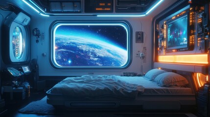Obraz premium Futuristic bedroom with glowing blue lights and a stunning view of Earth from space.