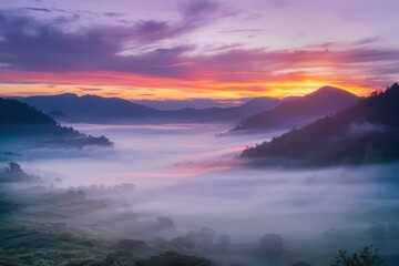 A serene sunrise over a misty mountain landscape, vibrant colors in the sky.