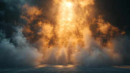 Fototapeta premium Fiery explosion erupts through dark clouds above a reflective water surface at dusk