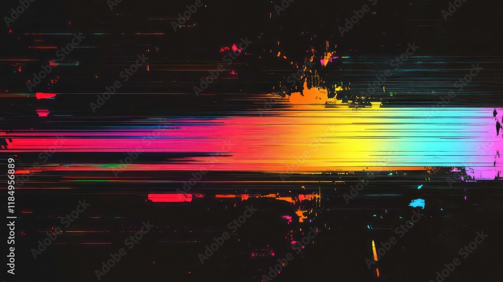 Poster abstract colorful glitch art with horizontal stripes and dark background.
