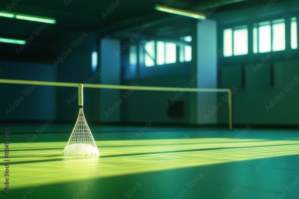 Poster a badminton racket rests on the court, surrounded by soft light and shadows, creating a tranquil atm