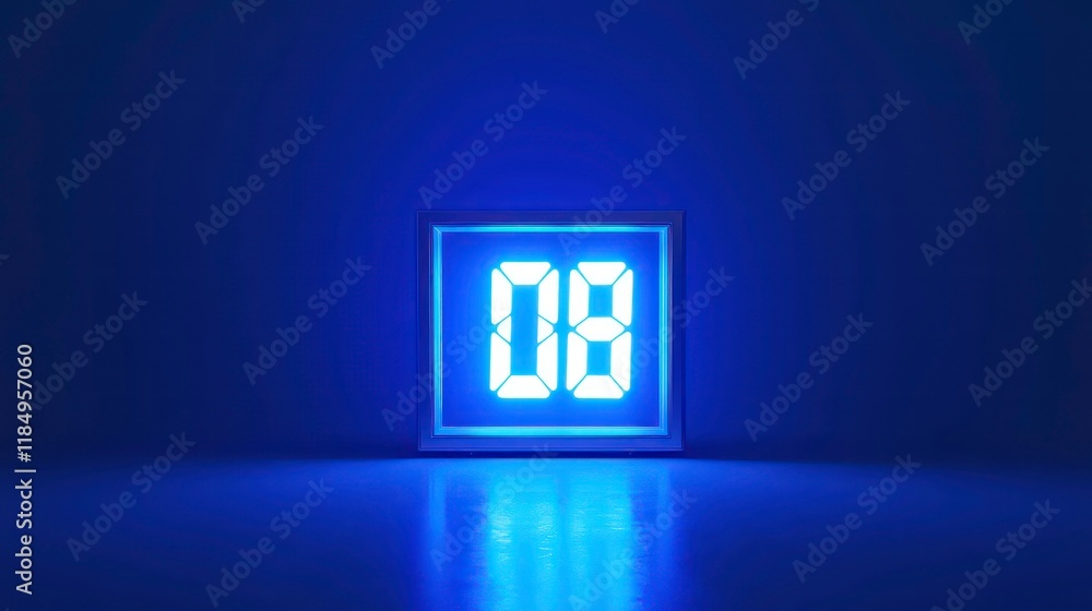Aufkleber glowing digital number eight in a blue square frame on a dark background.