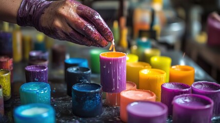 Hand lighting colorful handmade candles.