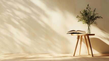 An artistic still life featuring an open book on a table with a vase of greenery, showcasing modern design elements that evoke tranquility and creative inspiration.