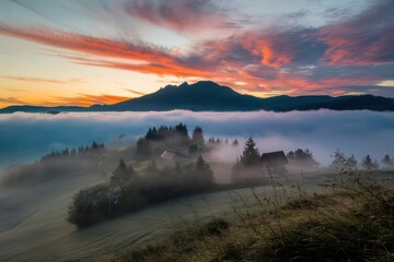 A serene sunrise over a misty mountain landscape, vibrant colors in the sky.